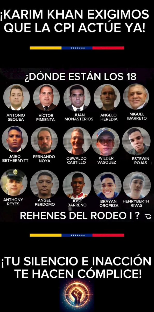 fatimasequea_17's tweet photo. #15deenero
#Venezuela 
#urgente 
Siguen desaparecidos 18 #presospolíticos en el Rodeo1. 39 días sin saber de ellos. El defensor del Pueblo brilla por su ausencia. Respeten los #ddhh de los secuestrados Políticos. Capitán #Antoniosequea @CortePenal_ @KarimKhanQC https://t.co/a4WNQ6qnDM