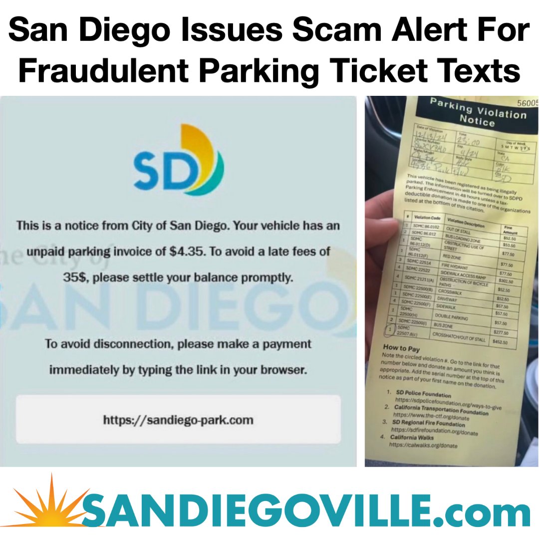SanDiegoVille's tweet photo. The City of San Diego has issued a warning about a new scam targeting residents through fake text messages, which falsely claim to be "parking invoices" and direct recipients to fraudulent websites for payment. 

https://t.co/f69RdrJ4Li https://t.co/LIkEvDwIZS
