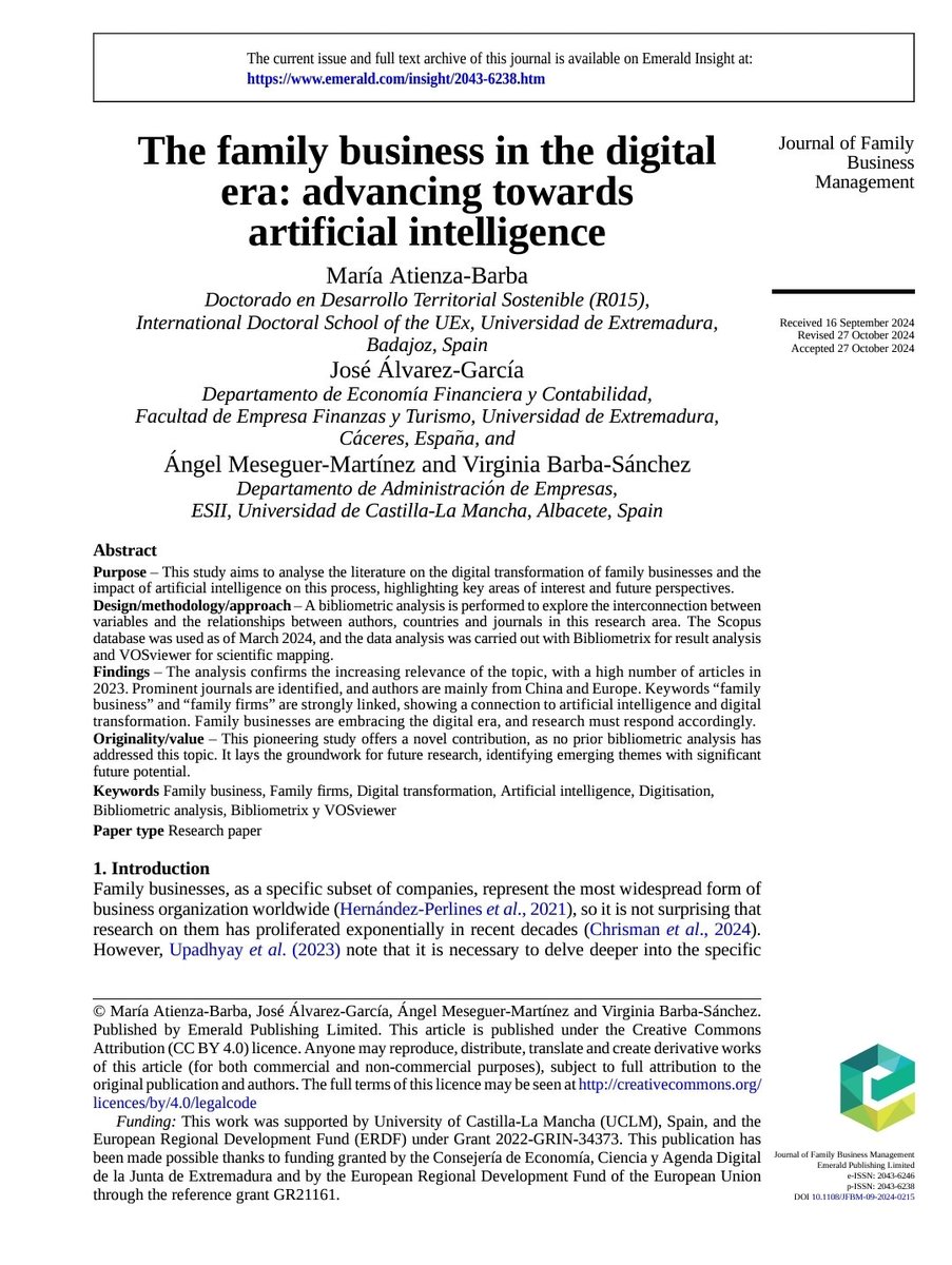 JFBM19's tweet photo. New article

Atienza-Barba, M., Álvarez-García, J., Meseguer-Martínez, Á. and Barba-Sánchez, V. (2025), "The family business in the digital era: advancing towards artificial intelligence", Journal of Family Business Management, Vol. ahead-of-print  https://t.co/DiHXpgvmjF https://t.co/NEPJUd3Mtt