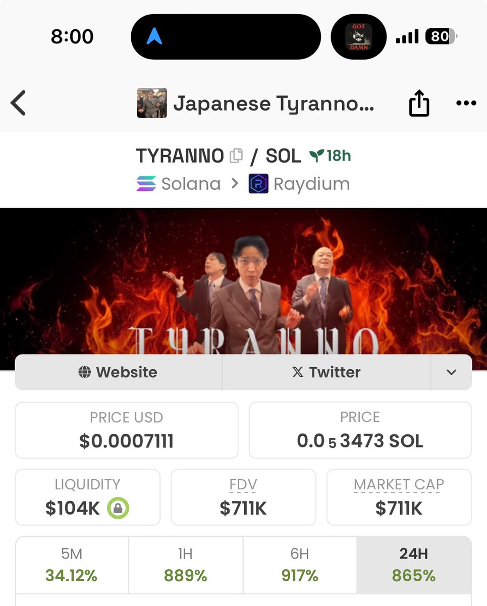 inevitmotion's tweet image. GYVm74sfXFdYmTETZd5CdAR7a6DJ2aw9JR7EoUAGpump
$TYRANNO

this could be a banger 
Send it