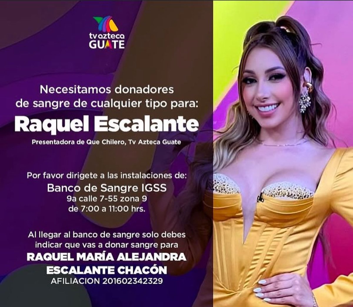 Urgente 🚨 favor donadores sangre para Raquel Escalante 🫶🏼 <a href="/AztecaGuate/">TV Azteca Guate</a>