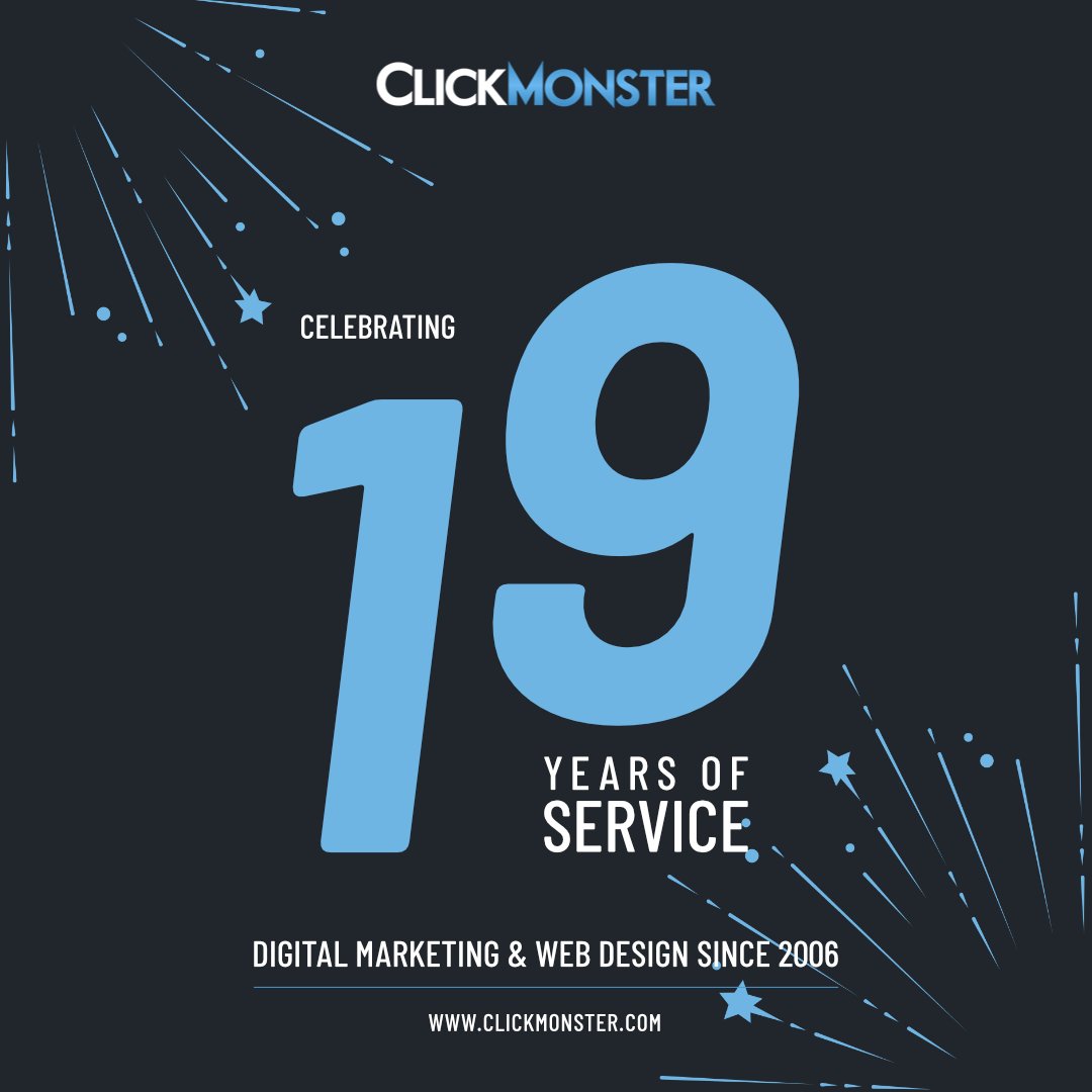 clickmonster's tweet image. 🎉 ClickMonster is celebrating 19 amazing years! 🎉

A huge THANK YOU to our incredible clients and talented team for making this journey possible. Here's to a Happy New Year and an even brighter 2025! 🥳✨ #ClickMonsterAnniversary #CheersTo19Years #HappyNewYear2024