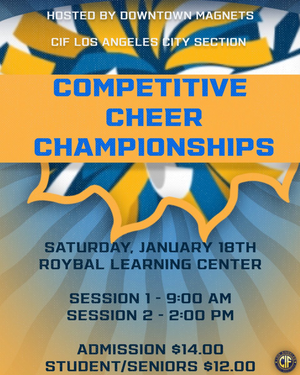 Winter sports championships begin!

2025 Competitive Cheer Championships-

GoFan tickets: gofan.co/app/school/CIF…

Parking- $5.00 per vehicle in structure off First St. and Beaudry Ave.
