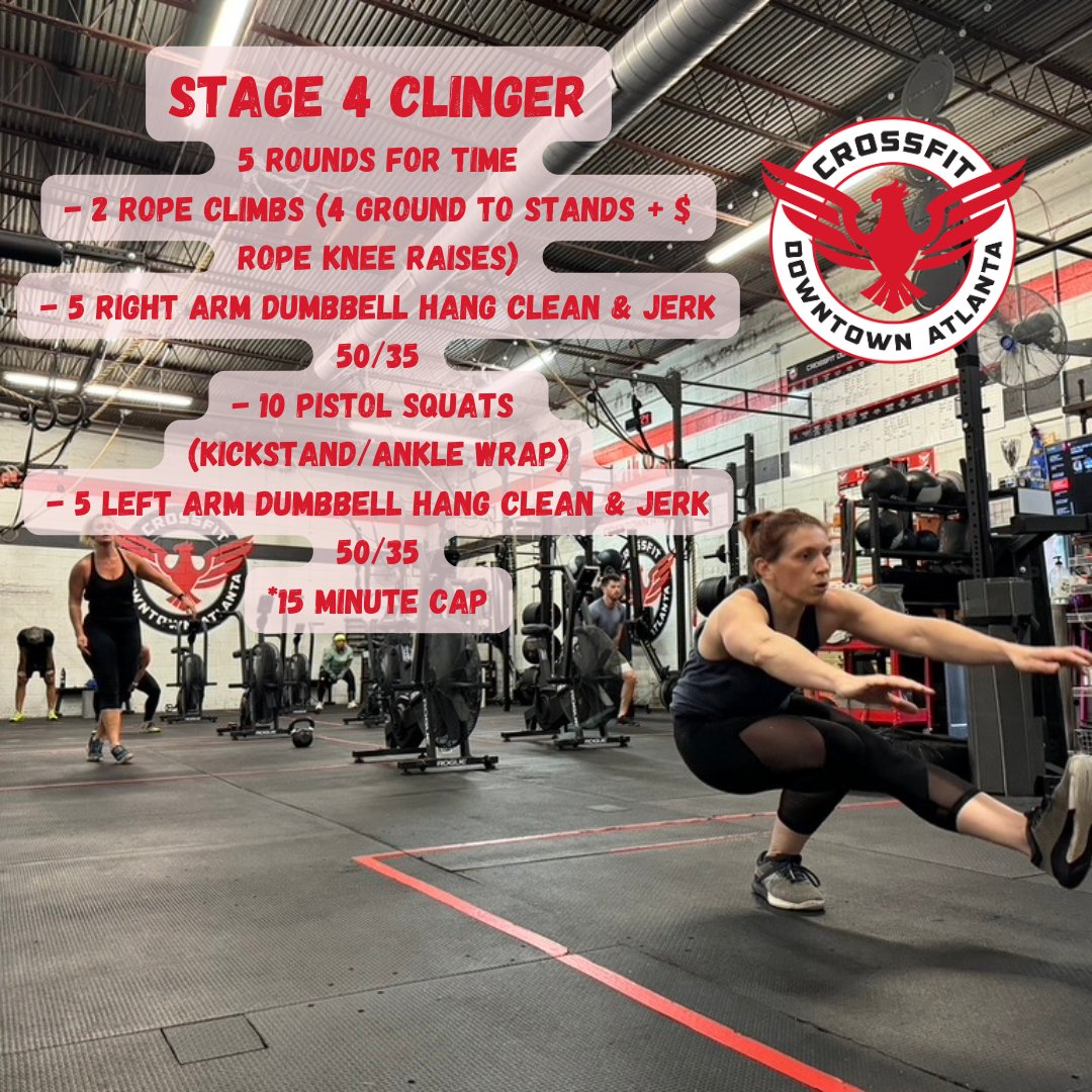 cfdowntownatl's tweet photo. 250116 "Stage 4 Clinger" #roundsfortime #ropeclimb #singlearmdumbbellcleanandjerk #pistolsquat #cfda #liftheavy #runfast #havefun #bewell #cabbagetown #crossfitwod #committedtocrossfit #crossfit #WOD #CFWOD #workout https://t.co/KhogkjsRlR