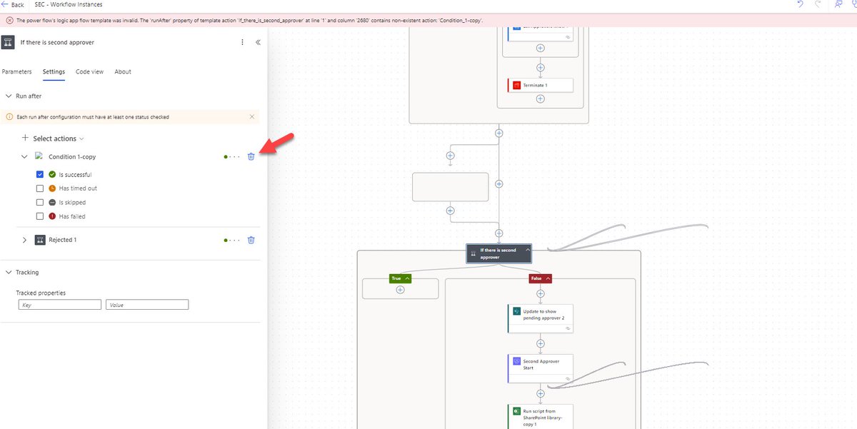 AlexHabjan's tweet photo. @powerautomate bug-just spent 2 hrs editing a workflow. Can't save because I copy-pasted a blank condition action and this abomination came up. Then deleted ghost action with 'go to operation' and was left with a blank action, can't be selected or remove 'run after' for next step https://t.co/oxoomX739k