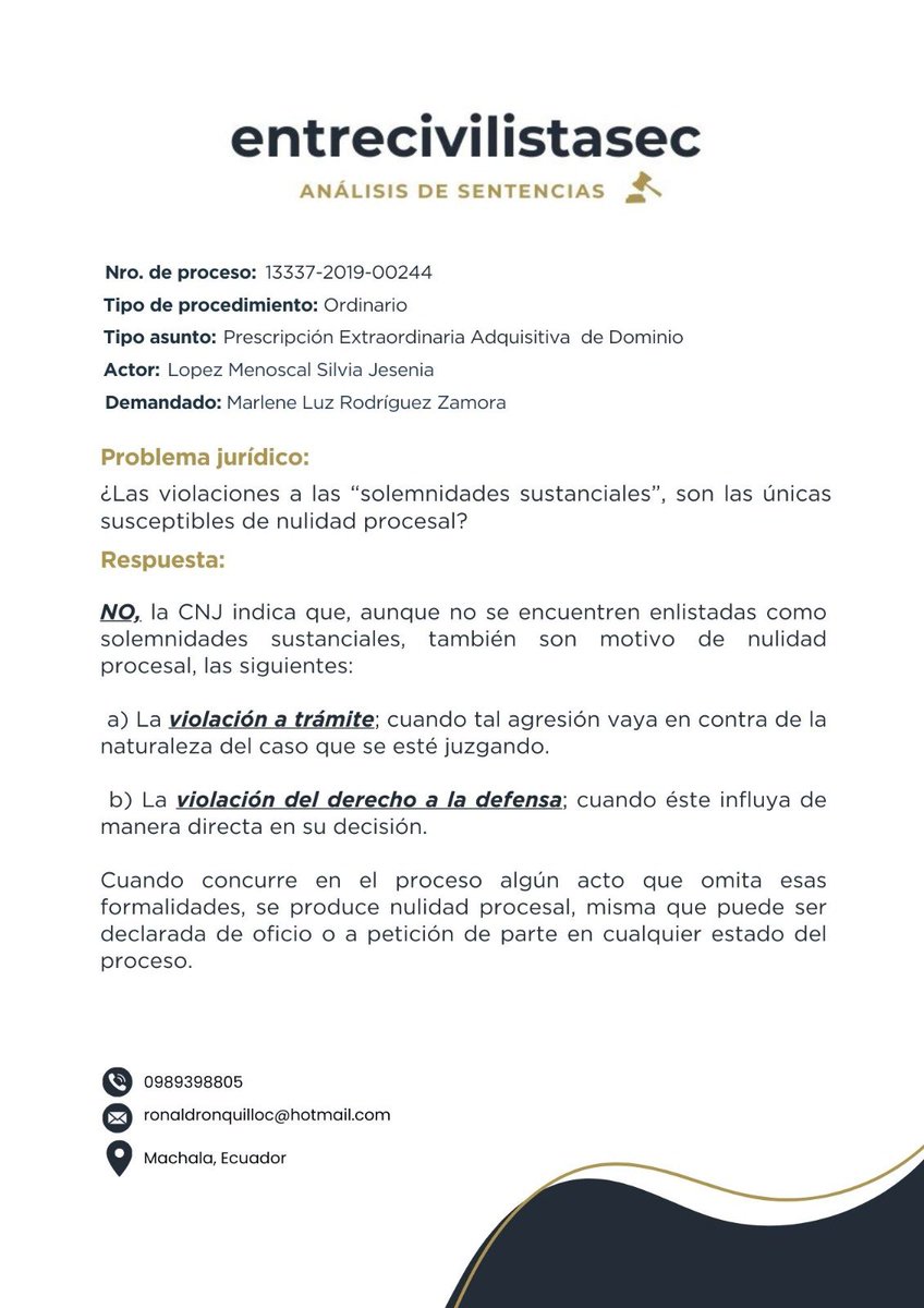 VicenteRonquil7's tweet photo. 📌 Las nulidades procesales se limitan a los presupuestos de las solemnidades sustanciales? 

⚠️ La @CorteNacional rompe el esquema de algunos jueces que se limitan a la taxatividad del Art. 107 Cogep, veamos ⬇️ https://t.co/rGDFyVyneK