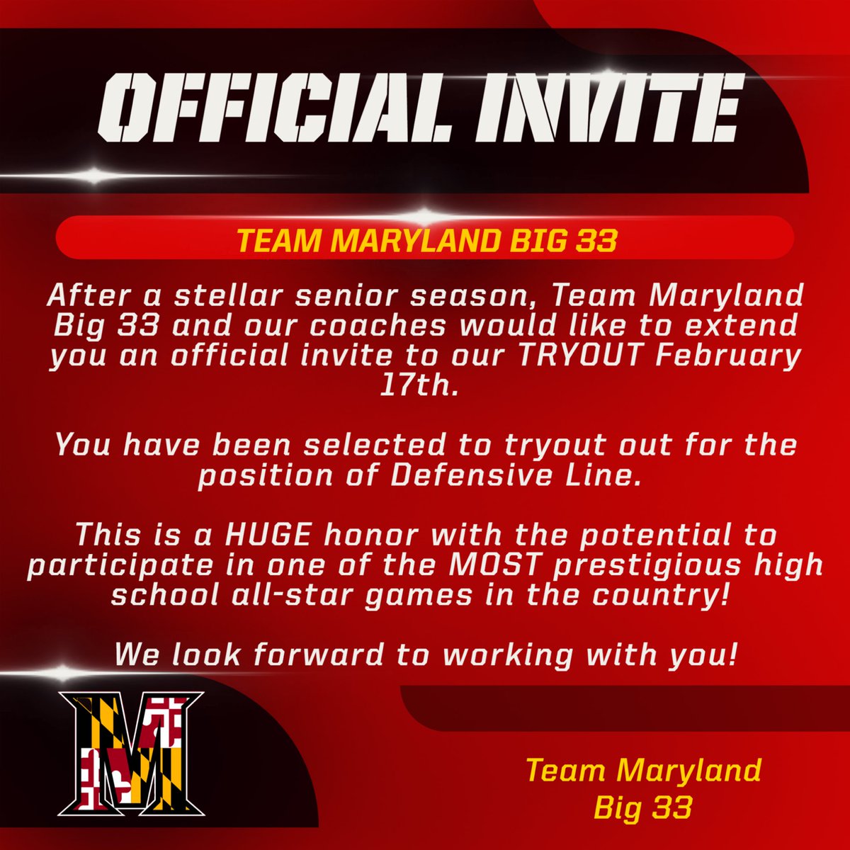 Luke Marsalek (@lukemarsalek) on Twitter photo Thank you <a href="/Big33MD/">Team MD Big 33</a> for the official tryout invitation for Team Maryland!
<a href="/TouchdownDons/">Loyola Blakefield Football</a> <a href="/BlakeTHenry/">Blake Henry, CMAA</a> <a href="/JKenny_21210/">Jack Kenny</a> <a href="/CoachRio55/">Mario Byrd</a> <a href="/JHU_Football/">Johns Hopkins Football</a> Thank you <a href="/Big33MD/">Team MD Big 33</a> for the official tryout invitation for Team Maryland!
<a href="/TouchdownDons/">Loyola Blakefield Football</a> <a href="/BlakeTHenry/">Blake Henry, CMAA</a> <a href="/JKenny_21210/">Jack Kenny</a> <a href="/CoachRio55/">Mario Byrd</a> <a href="/JHU_Football/">Johns Hopkins Football</a>