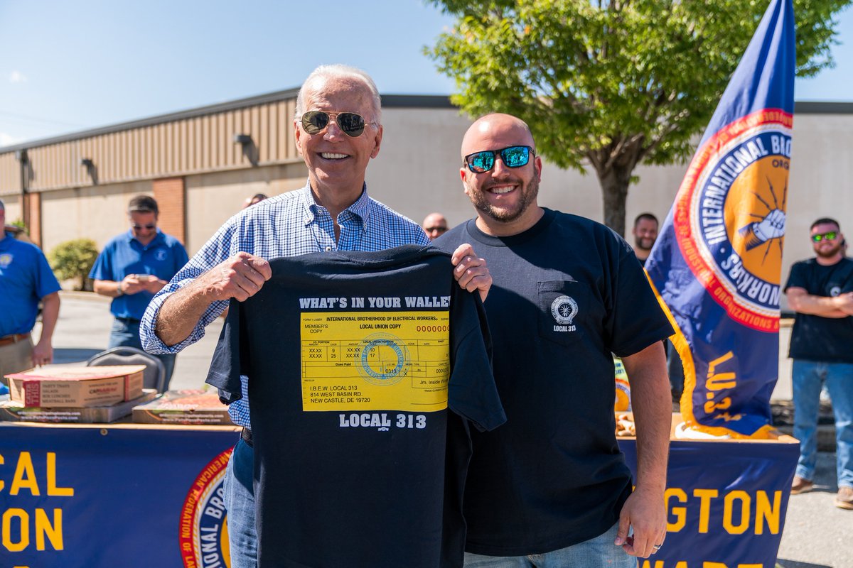 IBEW's tweet image. At every step of the way, Joe Biden stood with the #IBEW, from investing in good jobs to defending the right to organize.  Thanks to our partnership with Pres. Biden, the IBEW and the labor movement is growing stronger every day, lifting up working people across the nation.