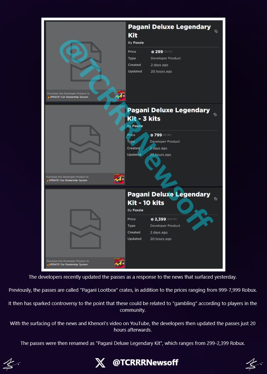 TCRRRNewsoff's tweet photo. Update on the #CarDealershipTycoon Pagani Lootbox controversy:

The developers recently updated the passes as a response to the news that surfaced yesterday.

More info below ↓ https://t.co/Ttyt2A1lRo