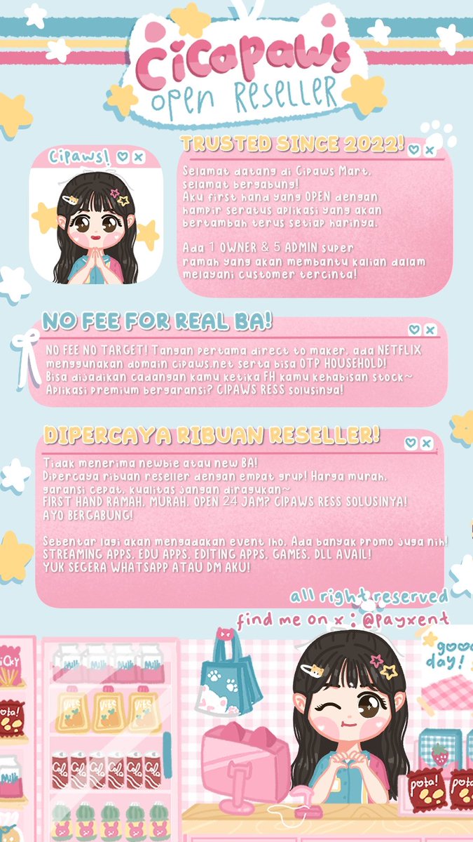 prtezel's tweet image. 3159 #ZonaUang

꒰ㅤ  ׂㅤ♡ㅤBeep ! Cicapaws @vexlourie yang berdiri sejak 2022 membuka kembali gerbangnya untuk para reseller { opress āpprēm } open hingga tengah malam dan telah memiliki 3000 ress!ㅤ𓇼ㅤִㅤ📢ㅤPsst % yuk jadi bagian dari kami!ㅤ🌷