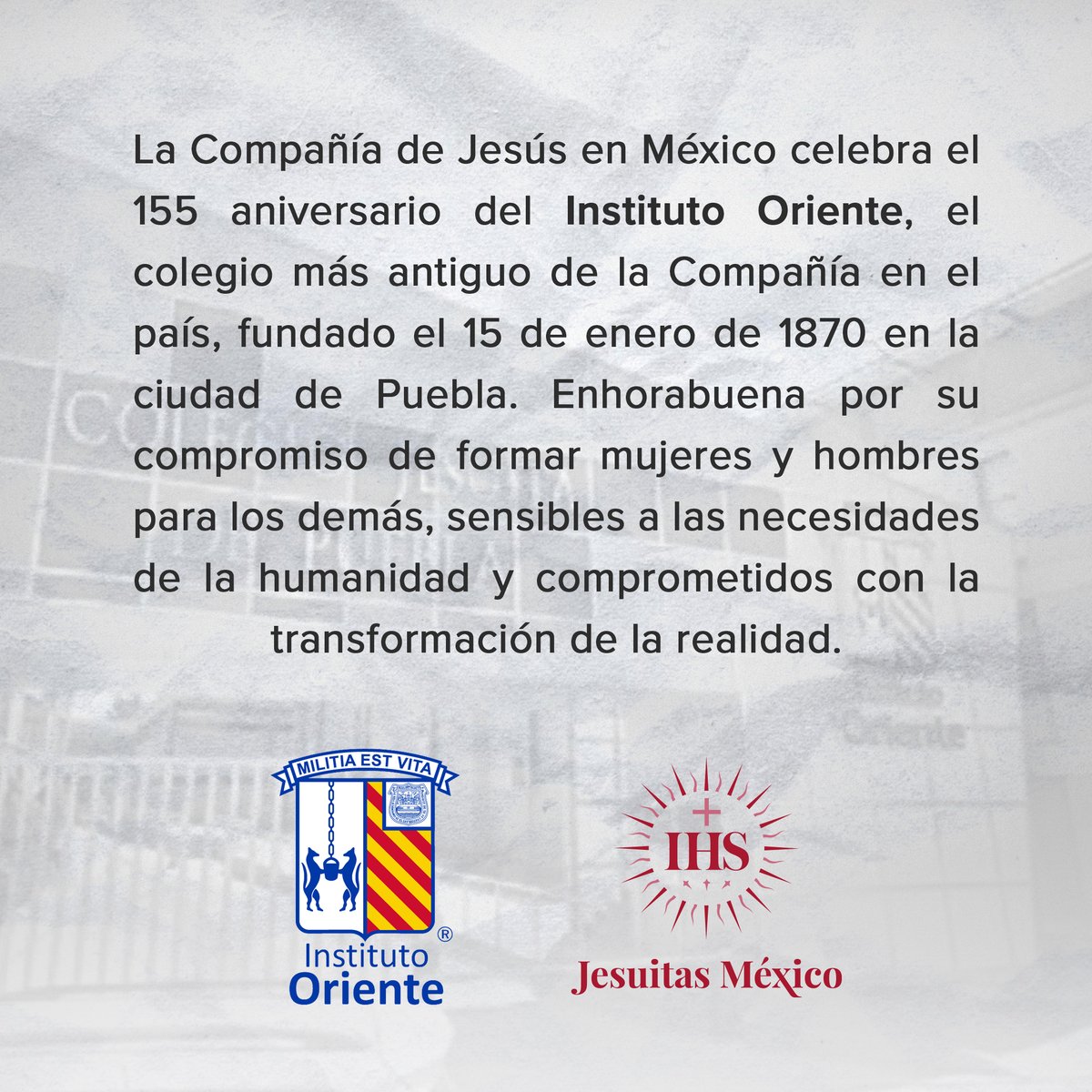 Jesuitas_Mexico's tweet photo. 🎉🎓 La Compañía de Jesús en México celebra el 155 aniversario del @ioriente, el colegio más antiguo de la Compañía en el país, fundado el 15 de enero de 1870 en la ciudad de Puebla. ¡Enhorabuena! https://t.co/LGQ8woOxN7