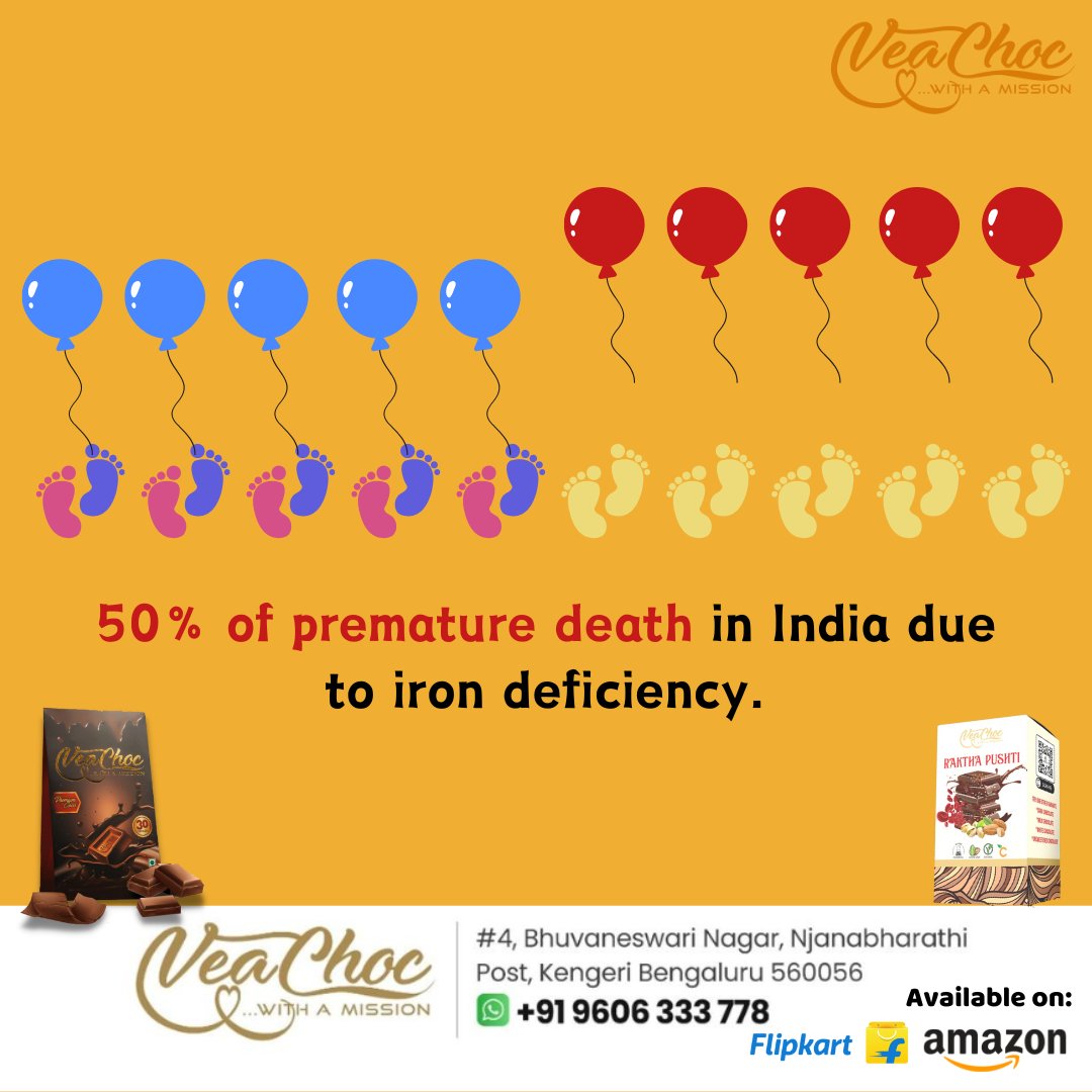veachoc's tweet photo. 🚨 Did you know? 🚨
Iron deficiency contributes to 50% of premature deaths in India. 💔 It's time to prioritize your health and well-being!
🌟 VeaChoc introduces Raktha Pushti, a delicious iron-enriched chocolate crafted to help combat this silent crisis. 🍫✨

+91 9606 333 778 https://t.co/7FH0spU7oQ