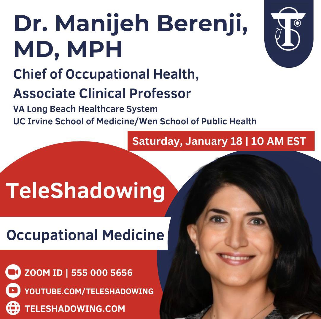 TeleShadowing's tweet photo. Join our upcoming online streams on #OccupationalMedicine at #Teleshadowing with Dr. Pam Krahl on January 17th @11 AM EST and Dr. Manijeh Berenji on January 18th @10 AM EST and gain 2 shadowing hours!

#prehealth #shadowing #healtheducation #medicine #education https://t.co/bpPT24lQqt