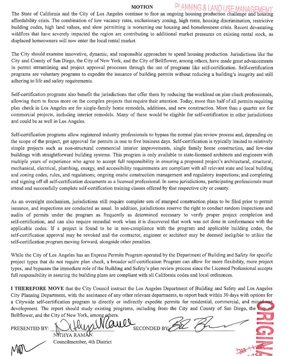 Love to see this motion from ⁦<a href="/nithyavraman/">Nithya Raman</a>⁩ urging ⁦<a href="/LACity/">City of Los Angeles</a>⁩ to explore self certification to free up plan checkers for complex reviews.