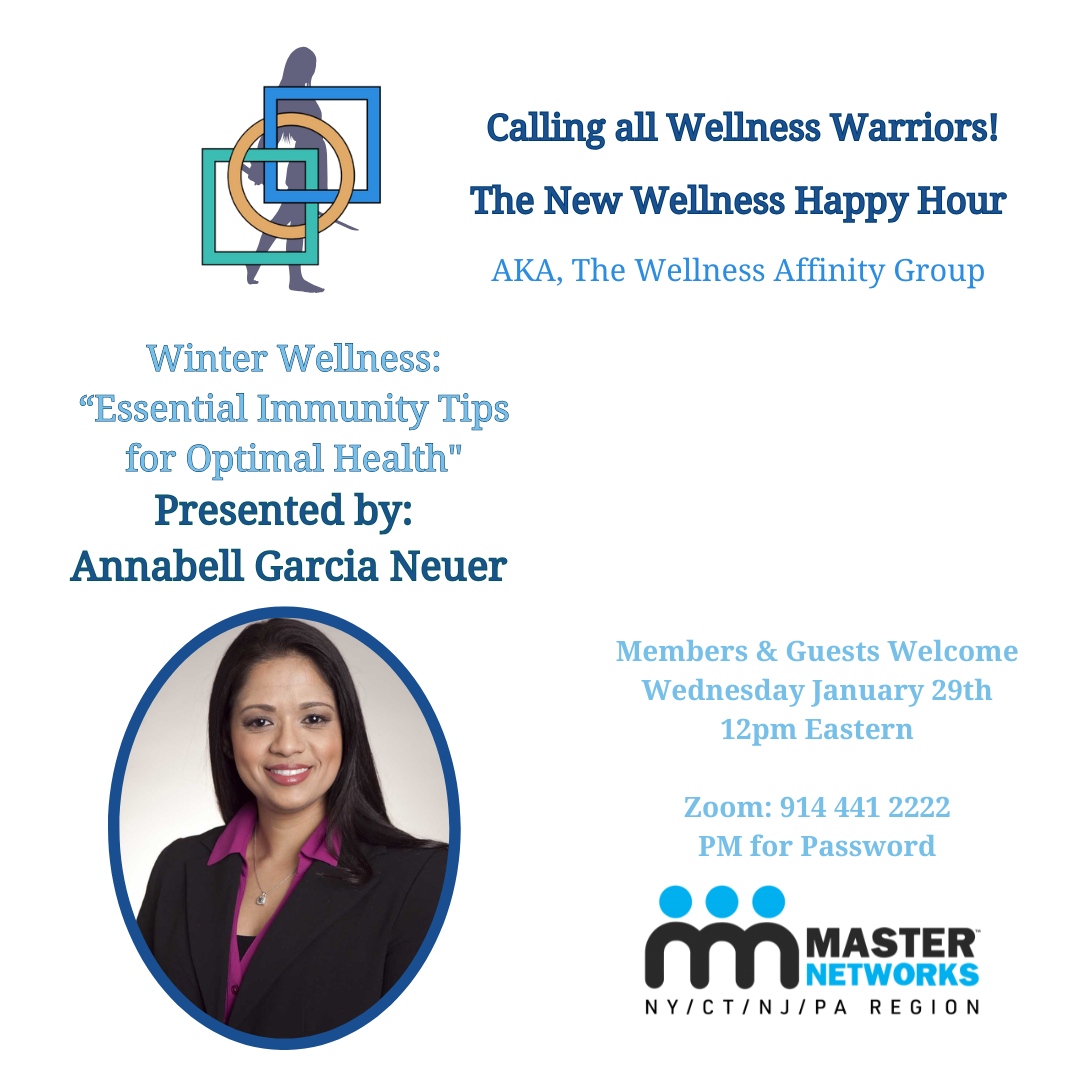 Networking_NY's tweet image. Join us for the first Wellness Happy Hour of 2025 on January 29 at 12 PM EST!

Dr. Annabell Garcia-Neuer will be sharing her expertise on "Winter Wellness: Essential Immunity-Boosting Tips for Optimal Health."

Don’t miss this opportunity to learn how to stay healthy and stron...