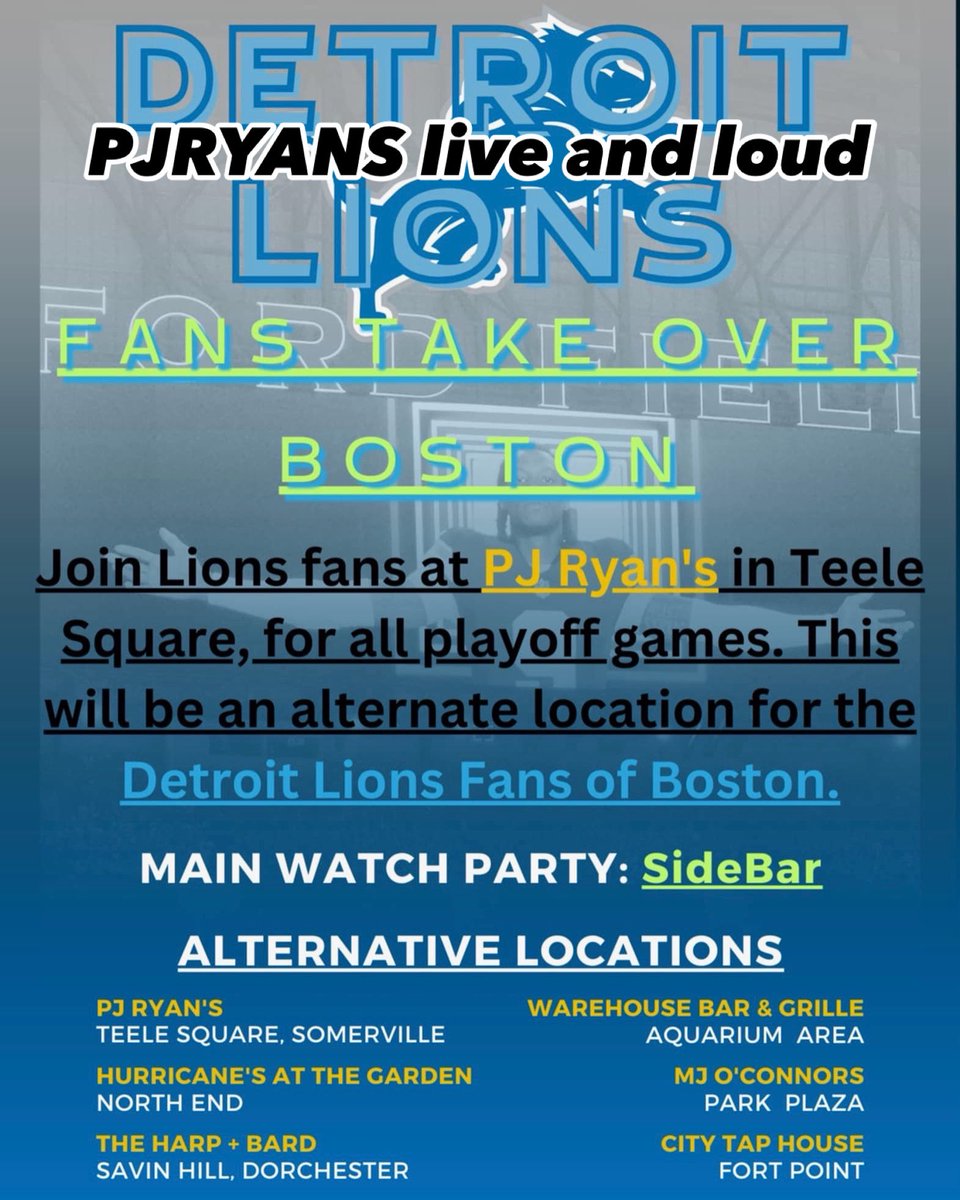 Lions <a href="/PJRyanspub/">PJ Ryans</a> Live &amp; Loud #pjryanssomerville #pjryans #pints #publife #thecraic #cheers #mylocal #pub #thepub #slainte #tothepub #somervillema #Bostontravelguide #irishpub #pubfood