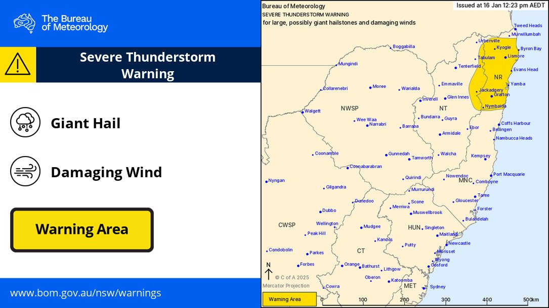 BOM_NSW's tweet photo. ⚠️12:23pm update: Severe Thunderstorm Warning for LARGE to GIANT HAIL & DAMAGING WIND in #NorthernRivers & parts of #NorthernTablelands & #MidNorthCoast Districts
May impact: #Lismore #Grafton #ByronBay #Ballina #Casino #Kyogle #EvansHead #Yamba
Details: https://t.co/tYiUXby2yr https://t.co/nYmW2o7jwt