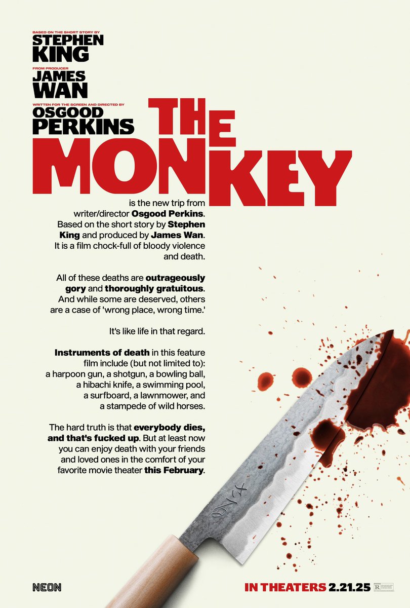 HabisNontonFilm's tweet photo. Buset poster baru THE MONKEY. Jelasin cukup detail soal kematian-kematian di filmnya 😂

Film garapan Osgood Perkins (LONGLEGS) ini adaptasi dari karya Stephen King. Diproduseri James Wan.

Dibintangi Theo James, Elijah Wood, Tatiana Maslany. Trailer 👇🏻 https://t.co/bDomes4nFw