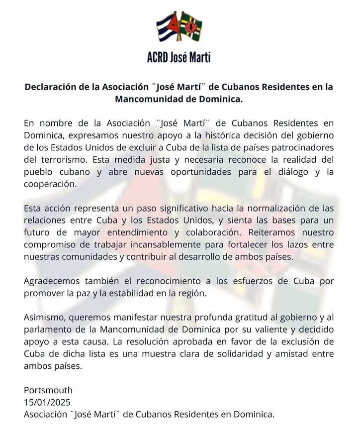 EmbCuba_Dominic's tweet photo. La Asociación de Cubanos Residentes en Dominica "José Martí" apoya la decisión del gobierno de los Estados Unidos de excluir a Cuba de la lista de países patrocinadores del terrorismo.

https://t.co/iVzCv5QNBl https://t.co/a5Ee1hzkZf