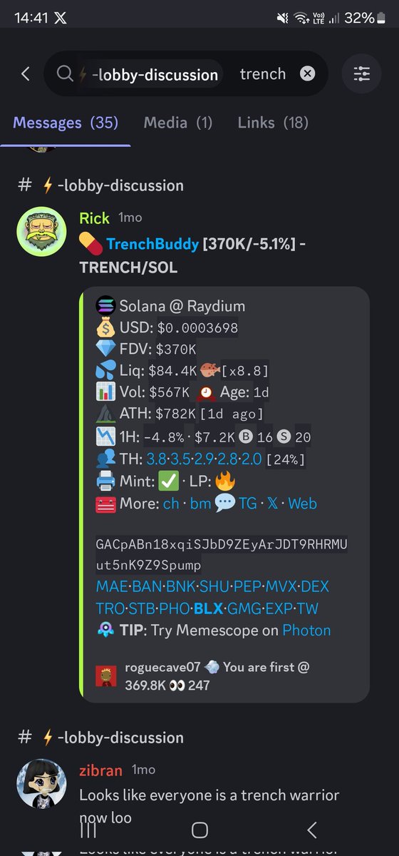 bangwest06's tweet photo. I posted $Trench on my alpha discord a month ago. Look where it is ??

Never fade @TrenchBuddy .

$Trench dev is the most dedicated dev I have ever seen in the crypto space.

#Trench #Solana #AI #SolanaCommunity https://t.co/HMY6f4oRnr