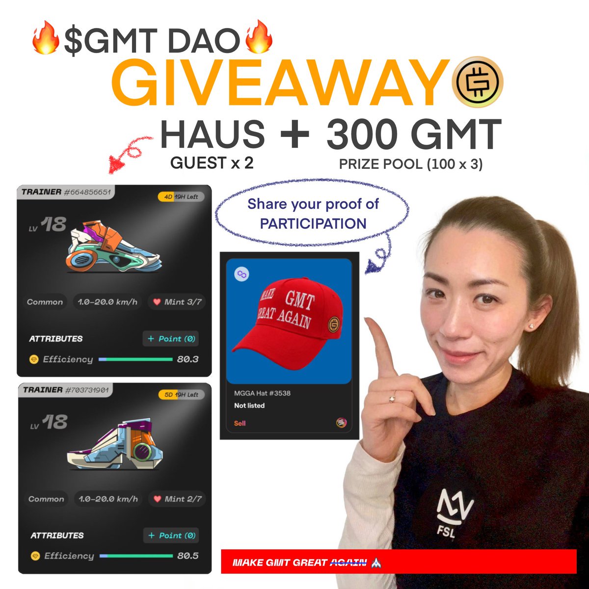 🔥 GMT DAO GIVEAWAY 🎁

300 GMT (100 x 3) 💰
+
HAUS Guest x 2 👟👟

🕓 Duration: 2 Weeks
⚡️ Energy: 4
🎁 Boost: 10%

Are you a Proud #GMTDAO member?!😎
Show off your cap one more time!!🔥
➡️burngmt.com

1️⃣ Follow <a href="/KeL_1015/">Kelly《daD3viL😈 》</a> <a href="/GMTDAOOfficial/">GMT DAO</a>
2️⃣ ❤️ Like + 🔁 Repost
3️⃣ 👥