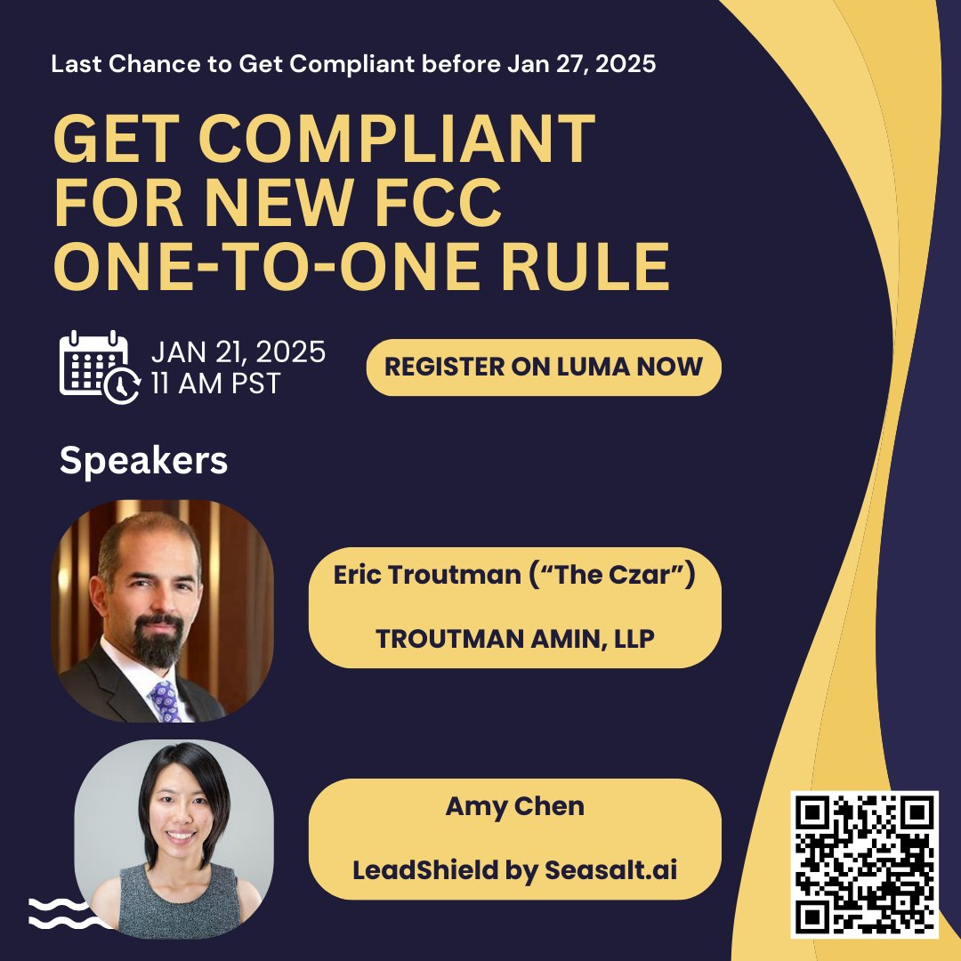 Do you collect phone numbers on your website?

Get compliant with the new FCC One-to-One Rule before Jan 27, 2025. 

Each text or call violation can cost you $500 

Free webinar next Tuesday (Jan 21, 11AM PST) . Please RSVP on luma.

lu.ma/oh6a7kqw