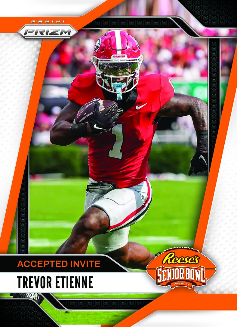 Reese's Senior Bowl (@seniorbowl) on Twitter photo OFFICIAL! RB Trevor Etienne <a href="/Trevor_Etienne/">3.ti3nn.3 ⁶𓅓</a> from <a href="/GeorgiaFootball/">Georgia Football</a> is heading to the 2025 Reese's Senior Bowl!!! 👏👏👏 #GoDawgs #BestOfTheBest #TheDraftStartsInMOBILE™️
@JimNagy_SB <a href="/PaniniAmerica/">Panini America</a> #RatedRookie OFFICIAL! RB Trevor Etienne <a href="/Trevor_Etienne/">3.ti3nn.3 ⁶𓅓</a> from <a href="/GeorgiaFootball/">Georgia Football</a> is heading to the 2025 Reese's Senior Bowl!!! 👏👏👏 #GoDawgs #BestOfTheBest #TheDraftStartsInMOBILE™️
@JimNagy_SB <a href="/PaniniAmerica/">Panini America</a> #RatedRookie