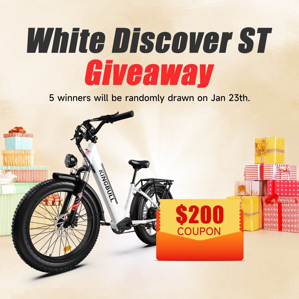 kingbullbike's tweet photo. KingBullBike's Best Commuter Electric Bike! 🚴‍♂️
Stylish, efficient, and designed for urban commuting, the Discover is perfect for your daily rides and weekend adventures.                                                                                  This time, we are giving away a $1099 White Kingbull Discover and 4 pieces of $200 discount coupons for the lucky participants! 5 winner will be drawn randomly on Jan 23th! Check the link and win！                                      👉https://t.co/xJ5MeJERKG                                                 #KingBullBike #facethewind #ebike