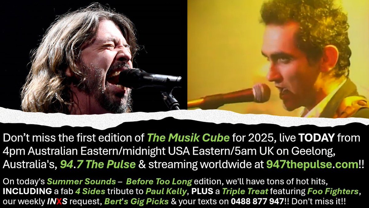 AJBrady_Sports's tweet photo. .@TheMusikCube live TODAY from 4pm Australian Eastern/midnight USA Eastern/5am UK on @947ThePulse, https://t.co/KDbIHvxnmt &amp; via the #CommunityRadioPlus &amp; @TuneIn apps!
#SummerSounds - #BeforeTooLong edition.
#4Sides - @PaulKelly.
#TripleTreat - @FooFighters.
Text - 0488 877 947! https://t.co/I295h4TS73