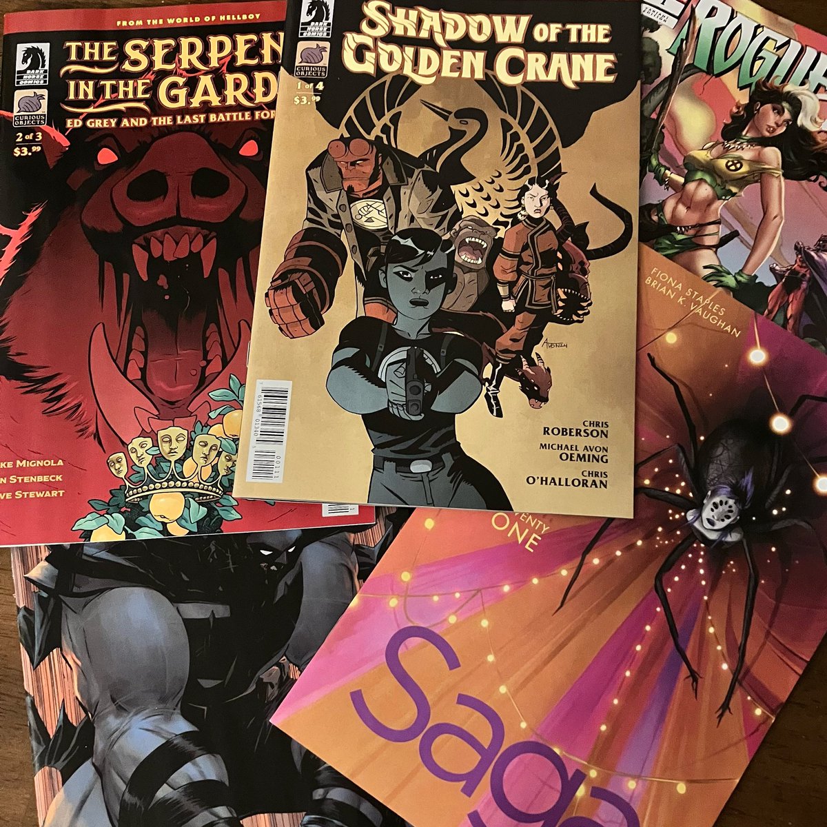 Hell yeah, boi 🔥 Picked up my books from <a href="/BedrockCity/">Bedrock City Comic Co.</a> #hellboybookclub #podcast #newcomicbookday #hellboy #rogue #saga #absolutebatman #mikemignola #davestewart #benstenbeck #michaelavonoeming #chrisohalloran #fionastaples #jscottcampbell #nickdragotta
