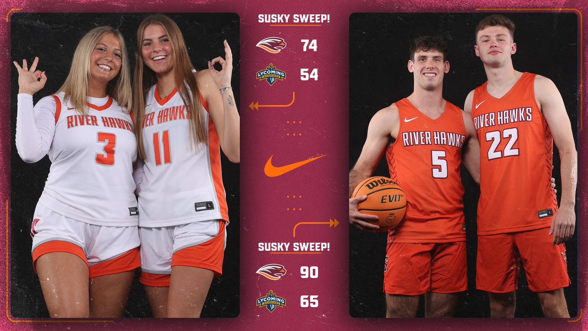 HOOPS | 𝐒𝐔𝐒𝐊𝐘 𝐒𝐖𝐄𝐄𝐏!

We carry out big <a href="/LandmarkConf/">Landmark Conference</a> wins tonight with the women toppling Lycoming at home and the men fending off the Warriors in Williamsport!

#ALLIN x #GOSUSQU x SURIVERHAWKS.COM x #d3hoops