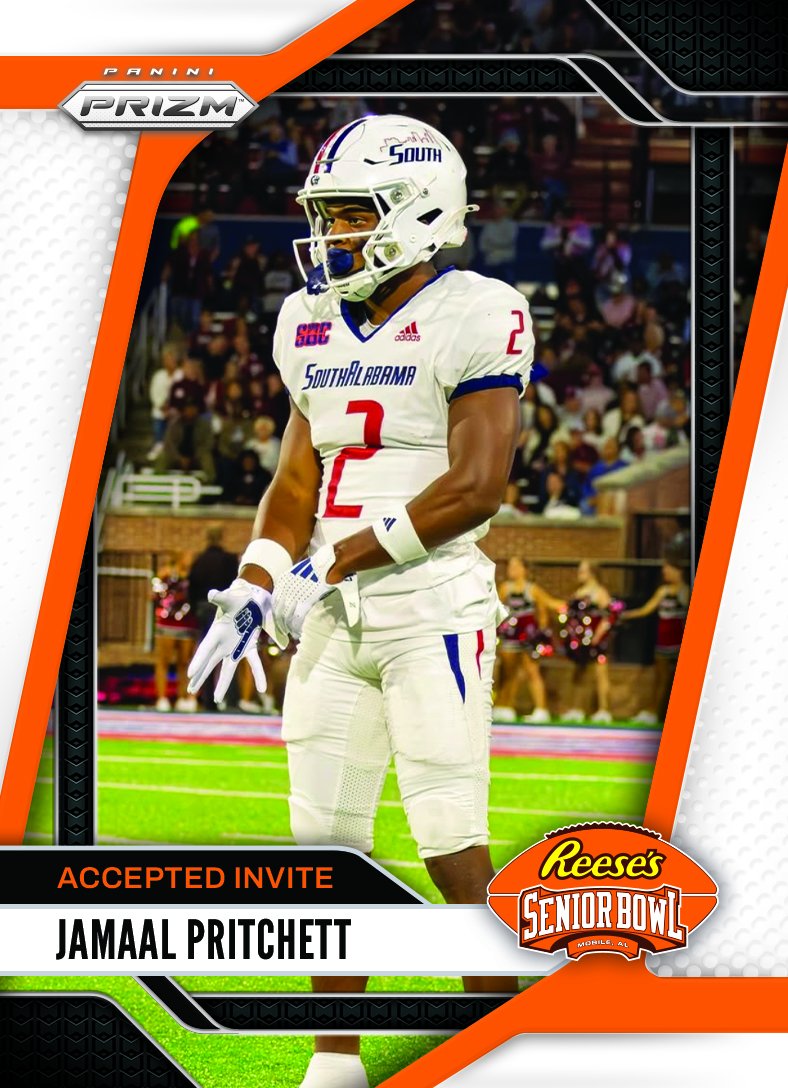 Reese's Senior Bowl (@seniorbowl) on Twitter photo Officially Accepted! WR Jamaal Pritchett <a href="/jamaalpritchett/">Jamaal pritchett</a> from <a href="/SouthAlabamaFB/">South Alabama Football 🏈</a> is headed to the 2025 Reese's Senior Bowl #OurCity #BestOfTheBest #TheDraftStartsInMOBILE™️
@JimNagy_SB <a href="/PaniniAmerica/">Panini America</a> #RatedRookie Officially Accepted! WR Jamaal Pritchett <a href="/jamaalpritchett/">Jamaal pritchett</a> from <a href="/SouthAlabamaFB/">South Alabama Football 🏈</a> is headed to the 2025 Reese's Senior Bowl #OurCity #BestOfTheBest #TheDraftStartsInMOBILE™️
@JimNagy_SB <a href="/PaniniAmerica/">Panini America</a> #RatedRookie