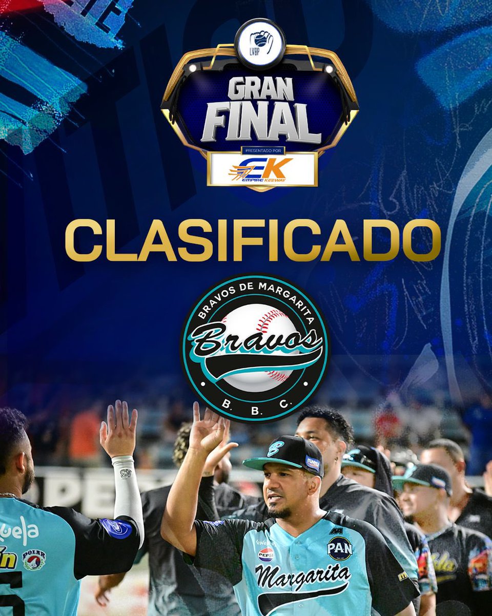 LVBP_Oficial's tweet photo. ¡BRAVOS DE MARGARITA ESTÁ EN LA GRAN FINAL @empirekeeway ! 🤩

Por primera vez en su historia, la #MaquinaDeGuerra disputará la final del #Beisbolvenezolano luego de asegurar la clasificación esta noche con su 10mo triunfo en el Round Robin 🙌🏻

@labarrabrava sigue soñando con levantar el 🏆 de #NuestroBeisbol 👀