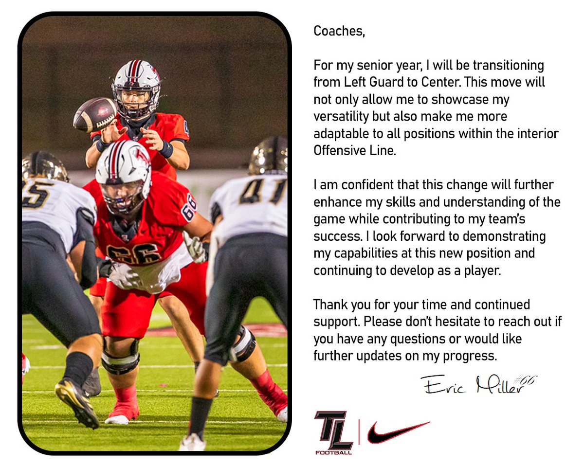 Change of position for my senior year.
#GiveEmHellTL <a href="/CoachBeauTrahan/">Coach Beau</a> <a href="/CoachBrodyT/">Brody Trahan</a> 
<a href="/OU_CoachB/">Bill Bedenbaugh</a> <a href="/_ClaytonWoods/">Clayton Woods</a> <a href="/CKennedy247/">Collin Kennedy</a>  <a href="/TrustMyEyesO/">⭕️FFERTUNITY</a> <a href="/ClayMcGuireTTU/">Clay McGuire</a> <a href="/Jcoop50/">Jon Cooper</a> <a href="/bradodom/">Coach B.O.</a> <a href="/FBCoachStone/">Jake Stone</a> <a href="/KurtTraylor/">Coach Kurt Traylor</a> <a href="/andrewcobus/">Coach Cobus</a> <a href="/CoachShoeOL/">Jordan Shoemaker</a> <a href="/JettHendrix/">Coach Jett Hendrix</a> <a href="/Coach_Cotton713/">John Cotton</a> <a href="/SFACoachGraf/">Garrett Graf</a>