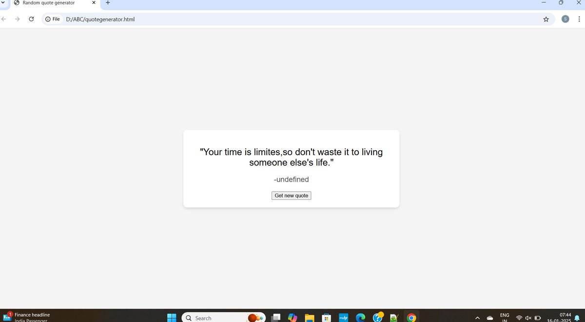 shreyasutar47's tweet photo. 💻 Day 6/30 of #30DaysOfCoding
Built an inspiring Random Quote Generator today! ✨💬
Click a button, and voilà—a new quote to spark motivation or make you smile. 😄
Loving how JavaScript brings creativity to life! 🚀
#JavaScriptBeginner #30DaysOfCode #CodingJourney #RandomQuote https://t.co/i8xWSWbRrN