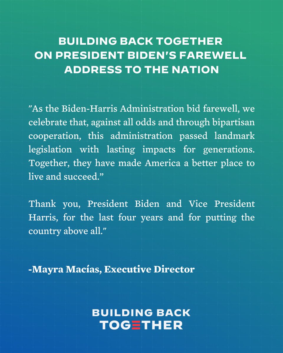 Building Back Together (@buildingback_us) on Twitter photo When <a href="/POTUS/">President Donald J. Trump</a> and <a href="/VP/">Vice President JD Vance</a> took office, they pledged to support hardworking families—and they’ve delivered on that promise. We join our ED, <a href="/lachicamayra/">Mayra Macías</a>, in thanking them for creating a legacy that will benefit all Americans for generations to come. When <a href="/POTUS/">President Donald J. Trump</a> and <a href="/VP/">Vice President JD Vance</a> took office, they pledged to support hardworking families—and they’ve delivered on that promise. We join our ED, <a href="/lachicamayra/">Mayra Macías</a>, in thanking them for creating a legacy that will benefit all Americans for generations to come.