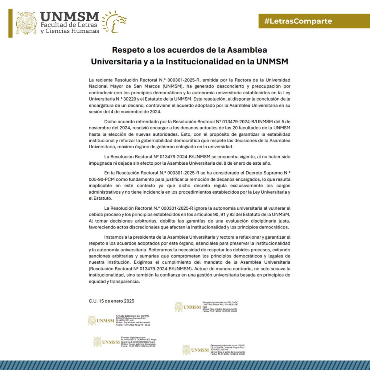 #LetrasComparte

Pronunciamiento de cuatro decanos de la Universidad Nacional Mayor de San Marcos 📢