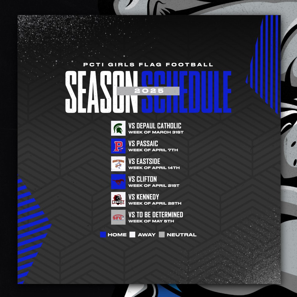 2025 Bulldog Flag Football Regular Season Schedule! Our team is excited to compete in a few months! Exact dates and times will be finalized at a later date.