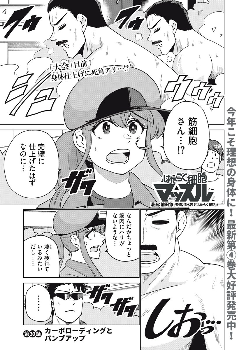 『はたらく細胞マッスル』無料話の続きはこちら!

「大会」目前!
身体仕上げに死角アリ…!?
なんだかちょっと、筋肉に〝ハリ〟がないような…。

↓第30話 カーボローディングとパンプアップ↓
https://t.co/VWuDyvdDs9

#モーニングツー 