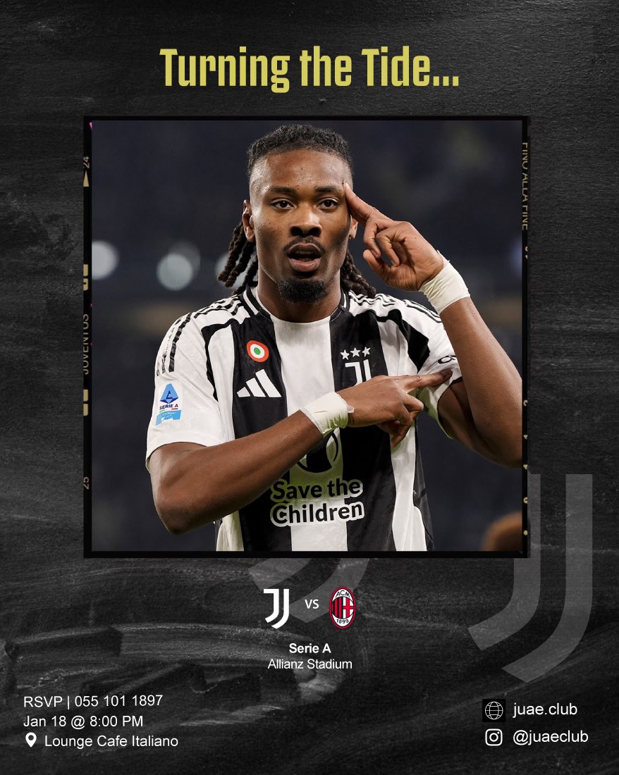 Best game to go back to winning ways and pick up momentum 💪🏻. 

Join us for the #JUAE gathering to watch the game vs Milan. Let’s go for the win #Juve 

#FinoAllaFine #ForzaJuve #WeAreYouth