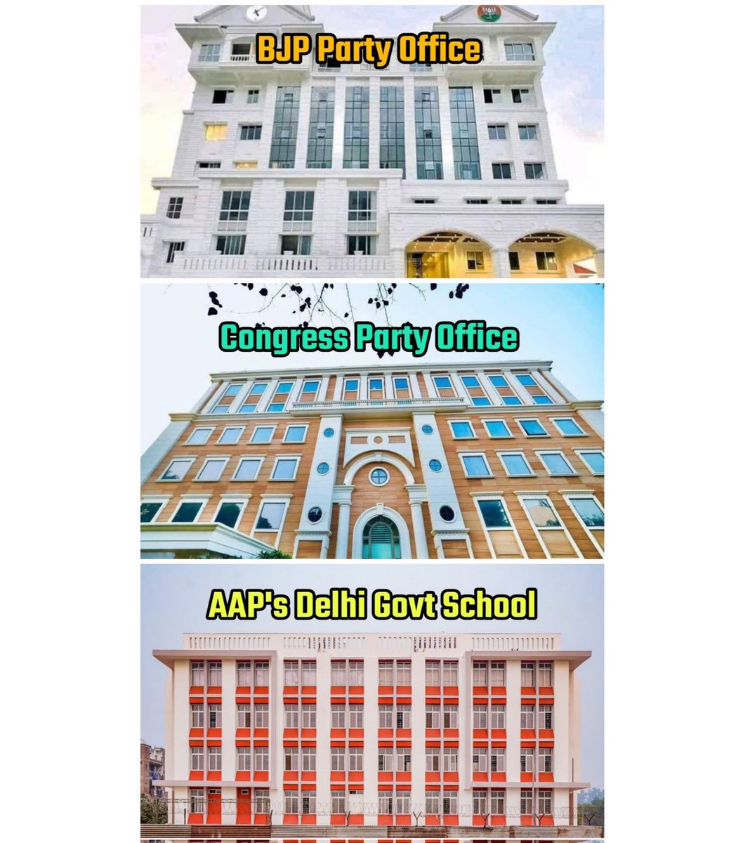 Aam Aadmi Party doesn't own any office in Delhi.

Arvind Kejriwal doesn't own any house in Delhi. 

Look at the Party Offices of Congress and BJP.

Reject the Corrupt.
Vote for the Honest.