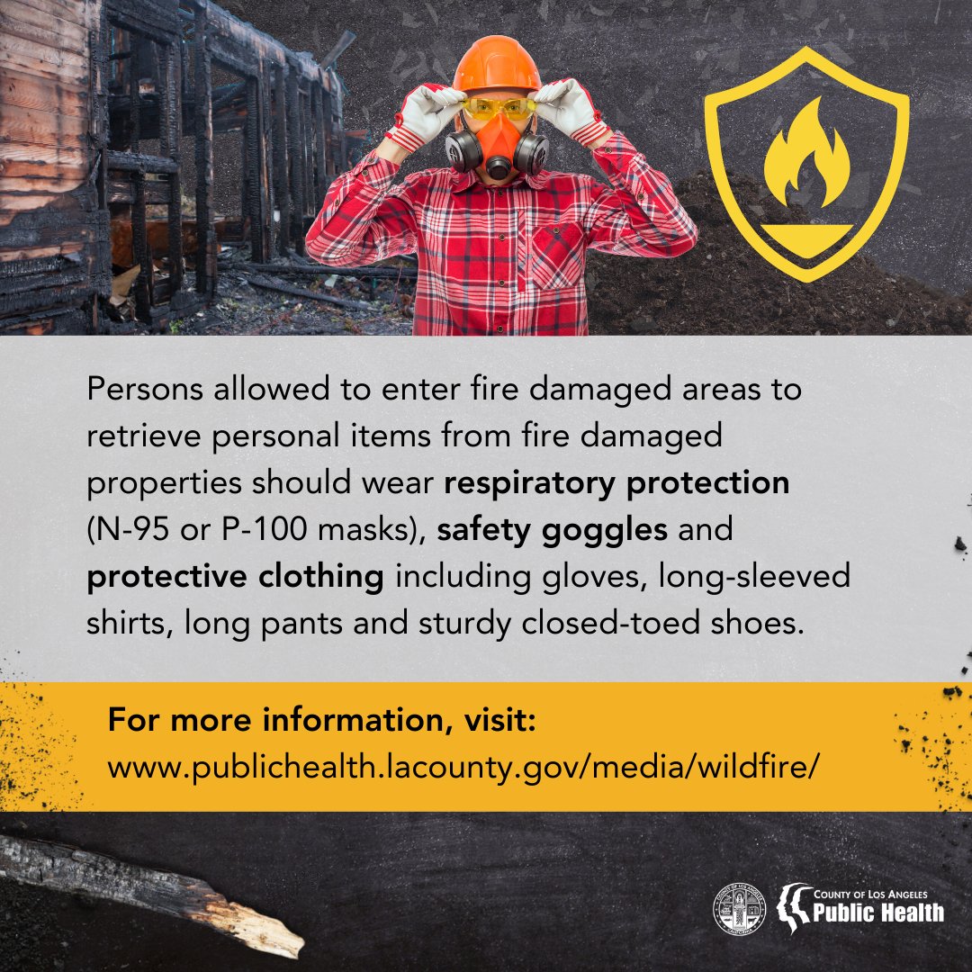 lapublichealth's tweet photo. The Health Officer issued an order prohibiting cleanup or removal of fire debris at fire damaged and burned properties located in Critical Fire Areas until a hazardous materials inspection is completed by an approved government agency.

1/2 https://t.co/GrNIF6YTn4