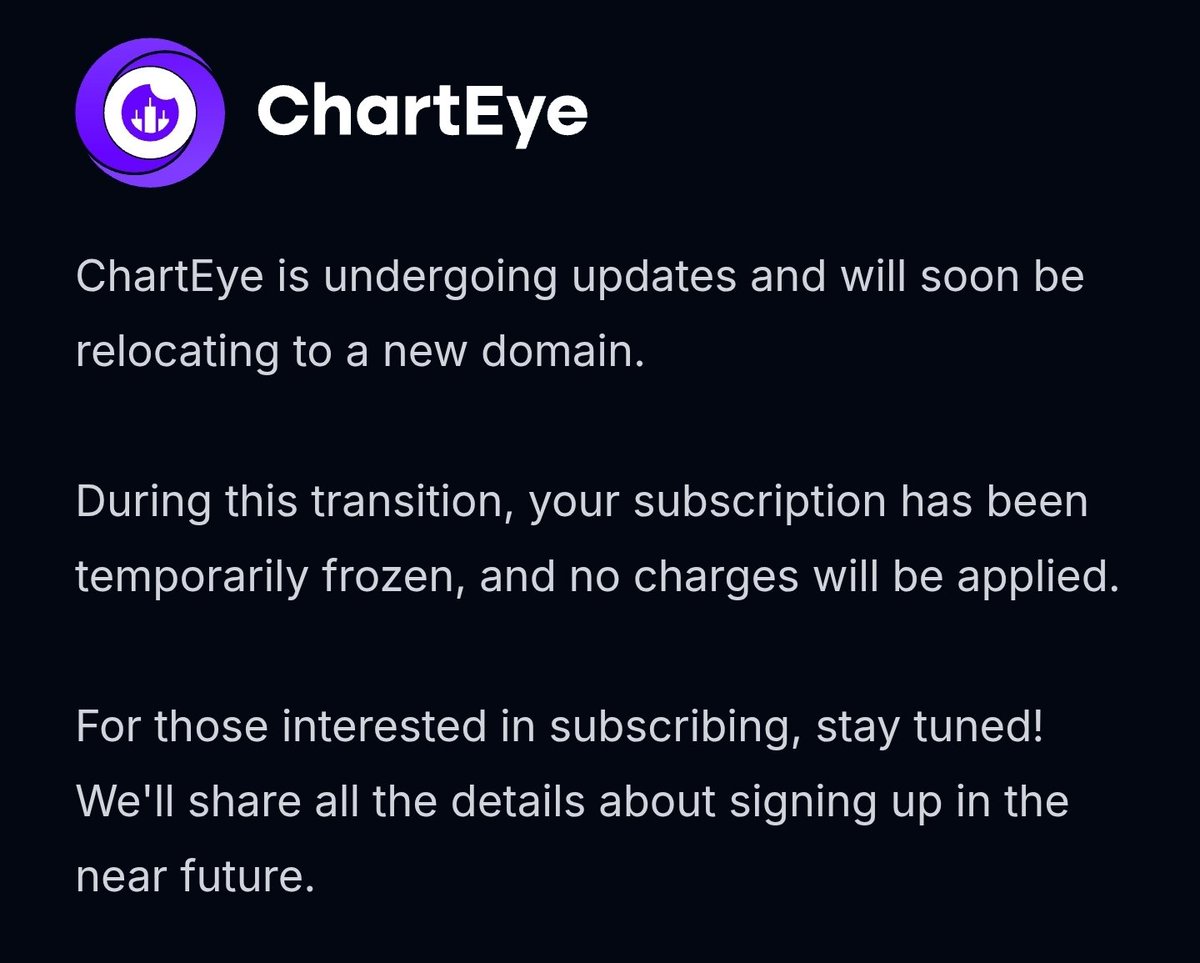 EyeTechX's tweet image. In preparation for the release of #EyeChart and the migration to our new domain, we have taken down our #ChartEye service.

All subscriptions have been frozen so you will not be charged during this period.

Soon we will release details of our new platform and how you can…