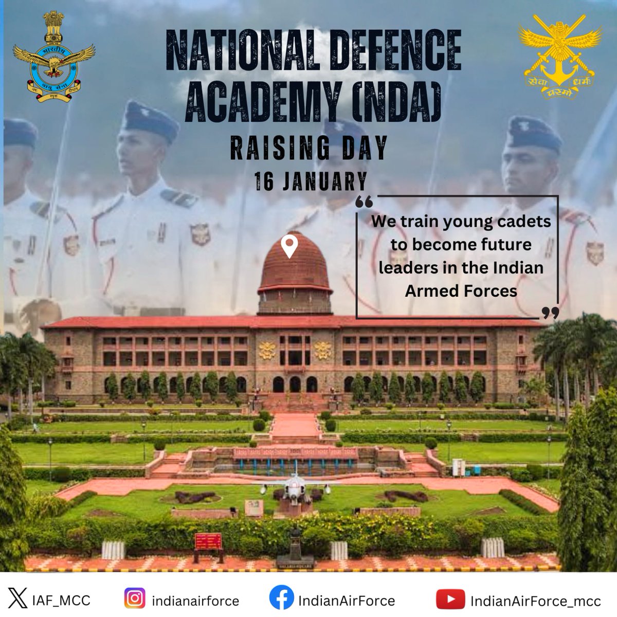 IAF_MCC's tweet image. All Air Warriors of the #IAF extend their warmest wishes to the National Defence Academy (NDA) on its Raising Day. May the academy continue to inspire and shape the future leaders of our Armed Forces. 

#NDA 
 
#YearOfDefenceReforms

@DefenceMinIndia
@SpokespersonMoD…