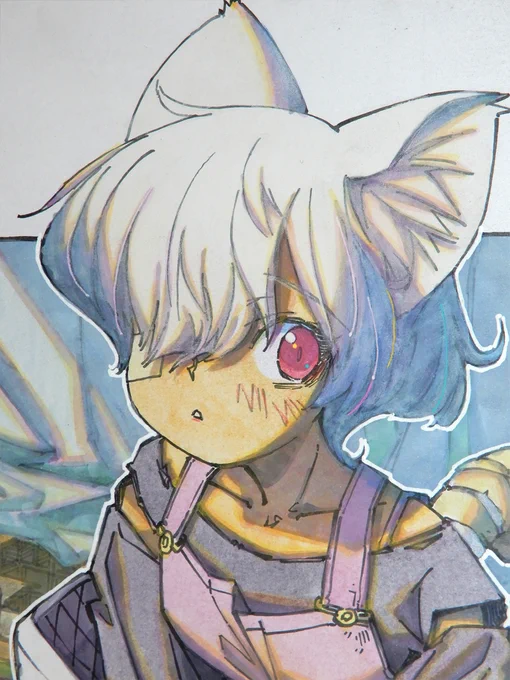 【アナログ2242:屑猫の昼食】このキャラもだいぶ長くなりました。例外を除いて笑顔になったことのない子。#水彩 #原画 #色紙 #猫の子 