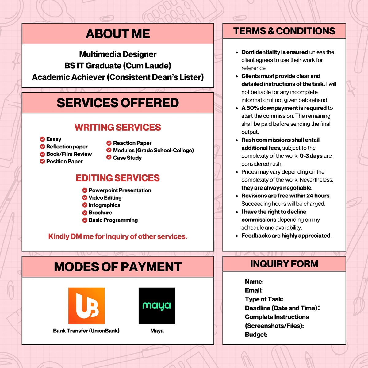 Hi #commstwt!! Welcome to owacomms and I am now open for commissions!!

Kindly refer below for more info. DM me for any inquiries.
🏷️ lf commissioner lf clients essay reflection book film review position paper reaction paper modules case study ppt infographics brochure video edit