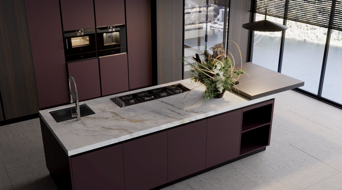 FasaStone's tweet photo. Refined elegance meets modern design with this stunning kitchen island. The rich marble countertop, with its natural veins of gold and white, creates a sophisticated contrast against the deep burgundy cabinetry. #Silicafree #artificialstone https://t.co/jHvEm5QE9K