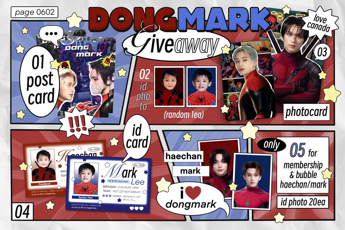 cinnamor0lly's tweet photo. pls kindly rt ♡

giveaway DONGMARK
SPIDEYPOOL
(w/ @akrswq)

ㅡ pcs 2 
— id card 2
ㅡ postcard 1
ㅡ id photo 1 (random)

* 1 set (150 ea)

🕛 : tba
🗓️ : 23 feb 2025
📍: thunderdome stadium
♡ rt &amp; show this tweet

#NCT127_NEOCITY_THE_MOMENTUM 
#NCT127_NEOCITY_BANGKOK_THE_MOMENTUM https://t.co/K4itF2weal