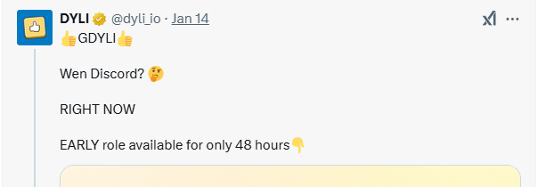 👀 Get <a href="/dyli_io/">DYLI</a> early role

👉Join Discord: discord.gg/dyli

- Go to #Early-role and click 💎