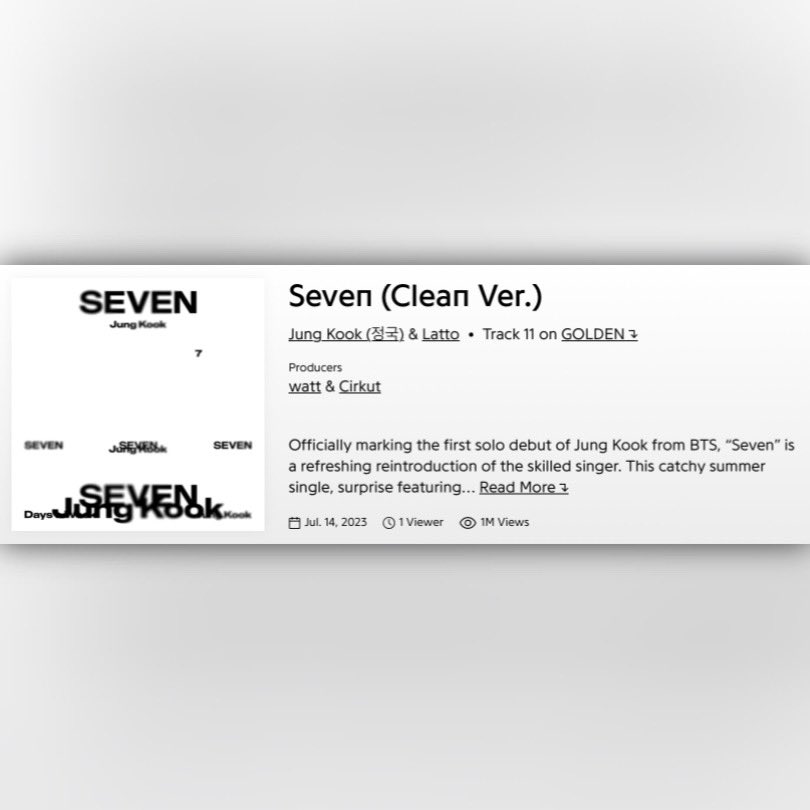 Genius_kor's tweet photo. #GeniusCharts | “Seven (Clean Ver.)” by #JungKook &amp; #Latto has surpassed one million pageviews on Genius! 

It becomes the second song performed by Jung Kook to hit this milestone on Genius!

https://t.co/eB2mn2JYaA https://t.co/rShxbackT4